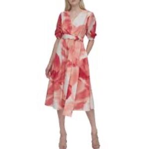 DKNY sz 18 puff sleeve fit and flare midi orange coral floral‎ wrap style dress